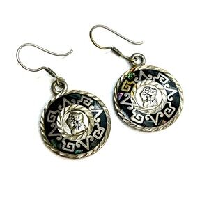 Silver Black Aztec Print Mexican Coin Dangle Earrings